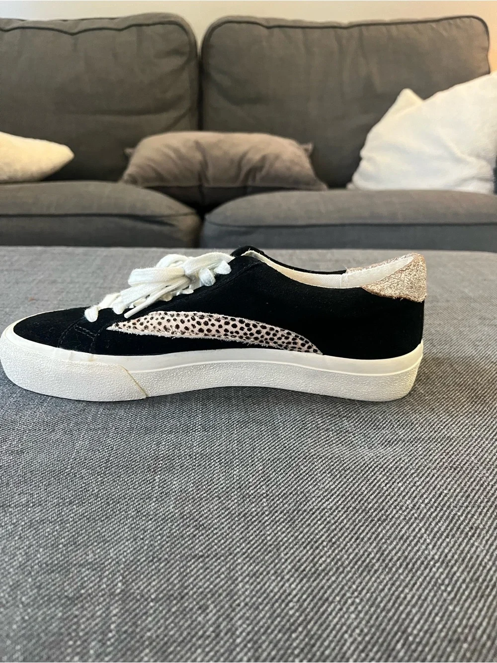 Madewell Sidewalk Low-Top Sneakers in black suede with a cheetah-spot calf hair
